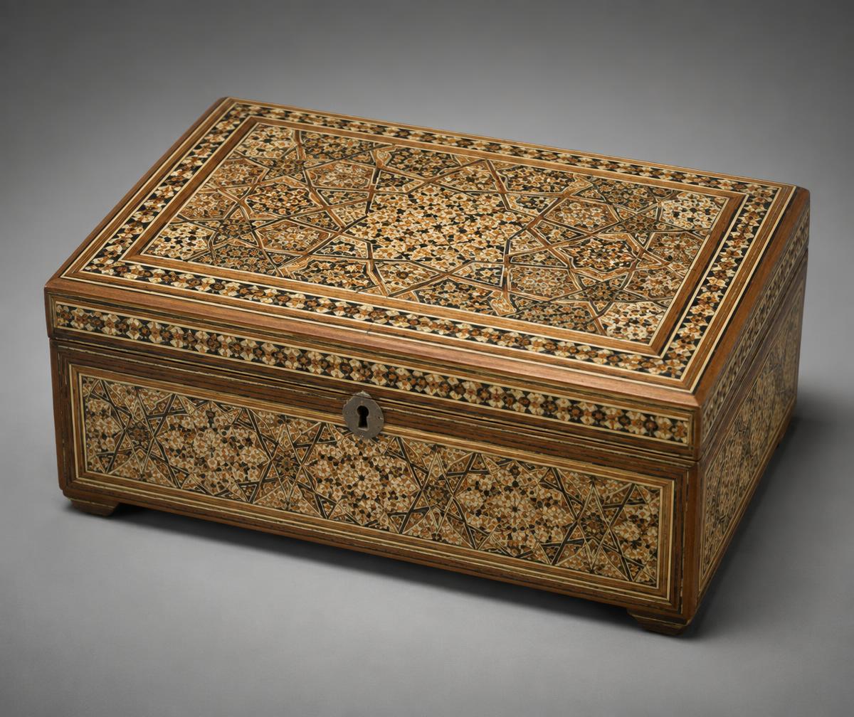 Inlaid khatamkari box under museum lighting